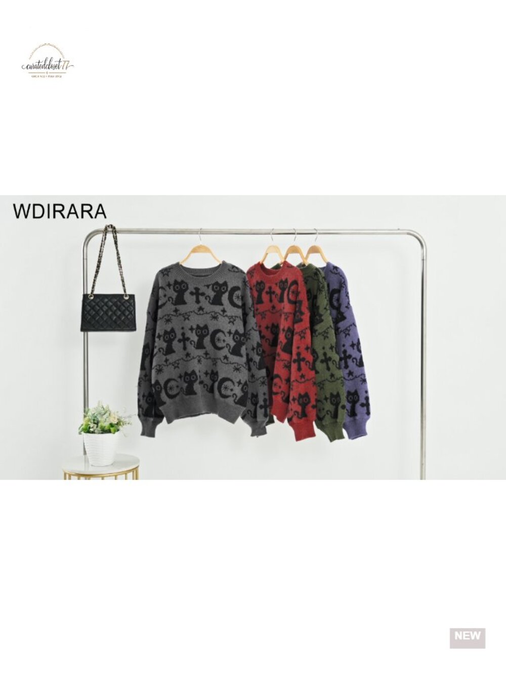Goth Cartoon Cat Moon Print Knit Sweater Pullover Loose Fit Crew Neck Top - Picture 4 of 4
